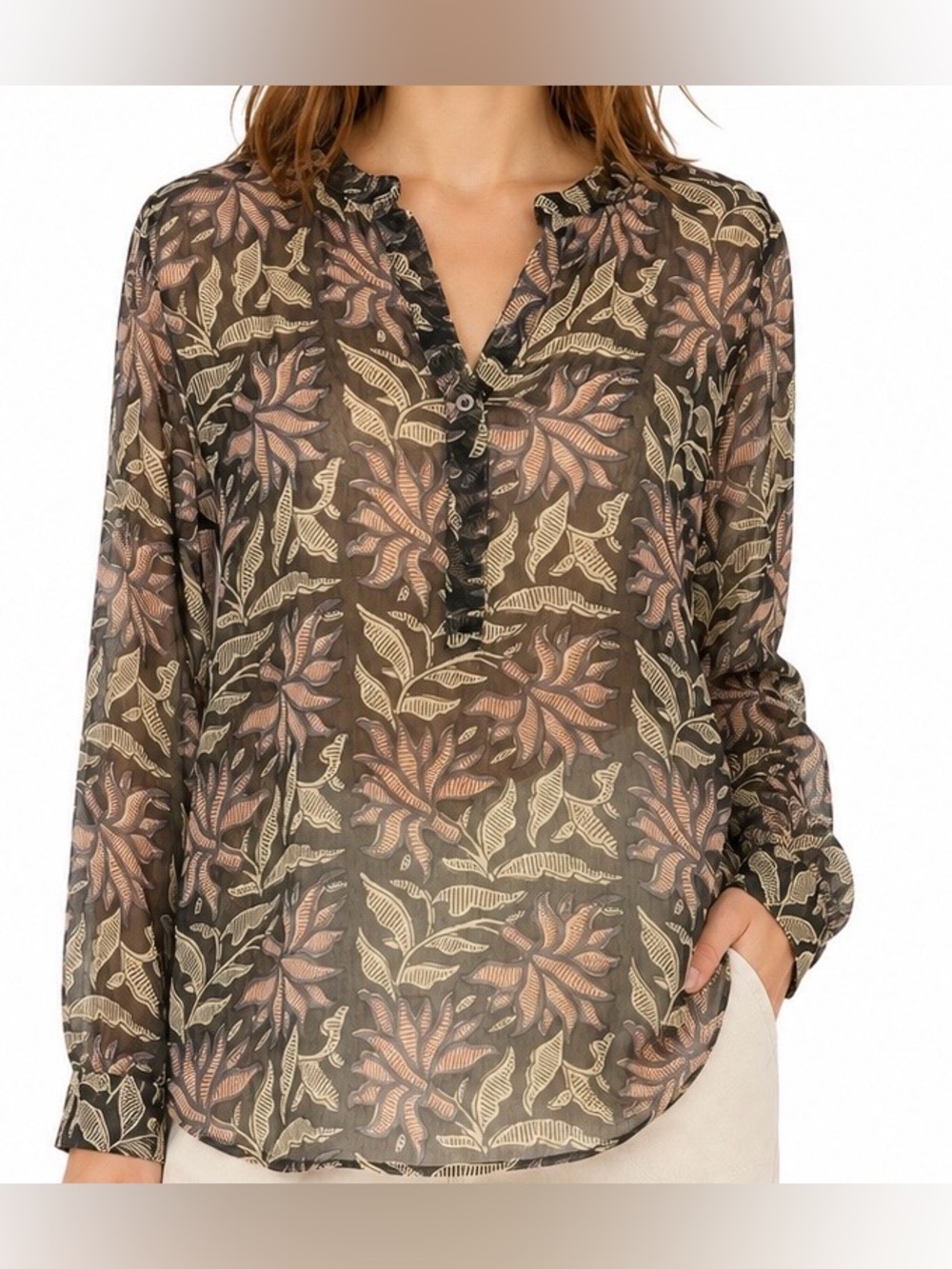 Hartford Sheer Leaf Print Viscose Blouse Size 4